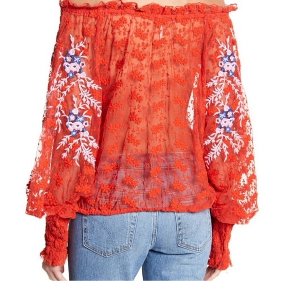 Free People Tops - Free People Embroidered Orange Lace Blouse Sheer Boho Floral Hippie Festival